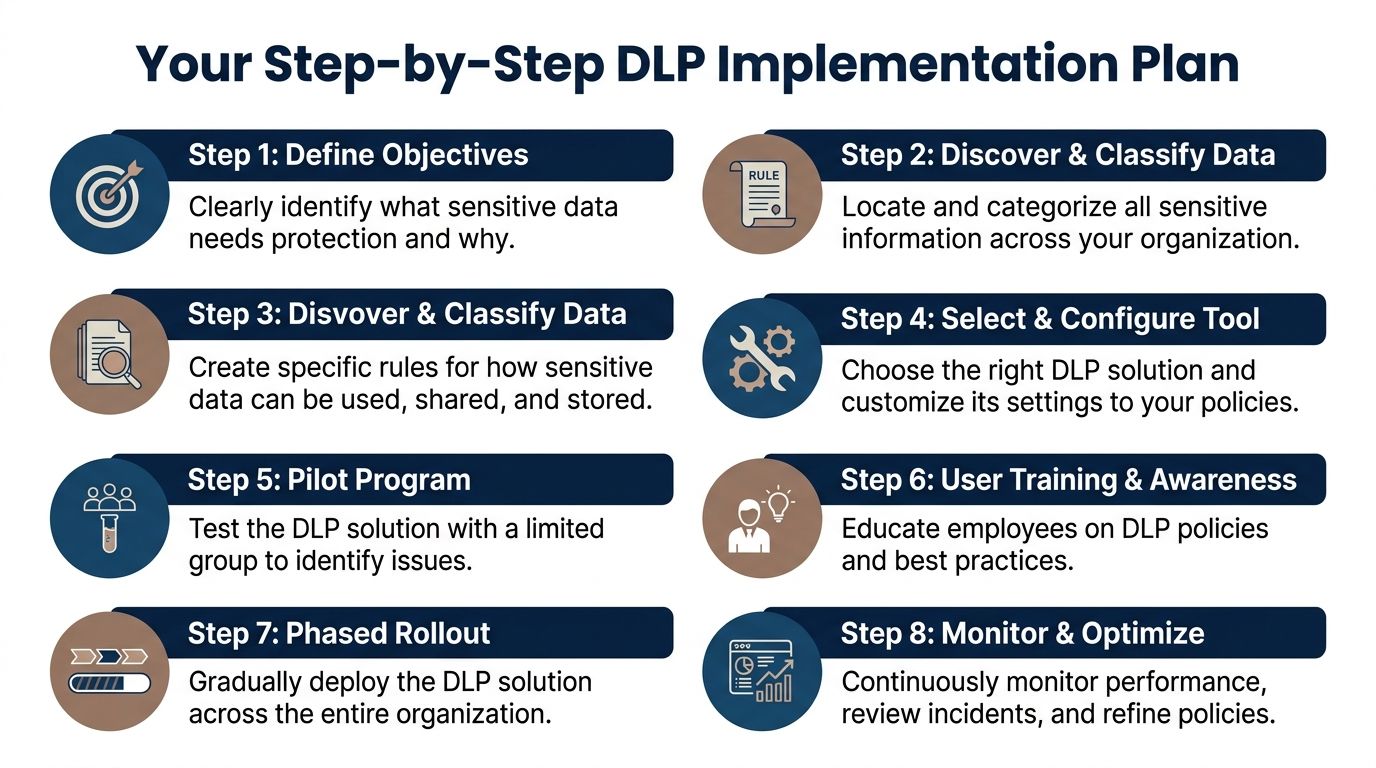 An infographic showing an eight-step guide for implementing data loss prevention strategies within an organization.