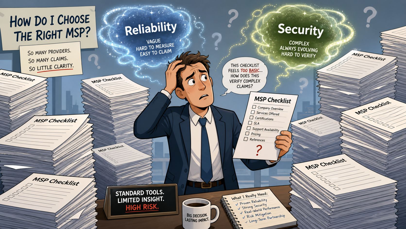 A confused businessman overwhelmed by stacks of MSP checklists trying to choose the right managed service provider.