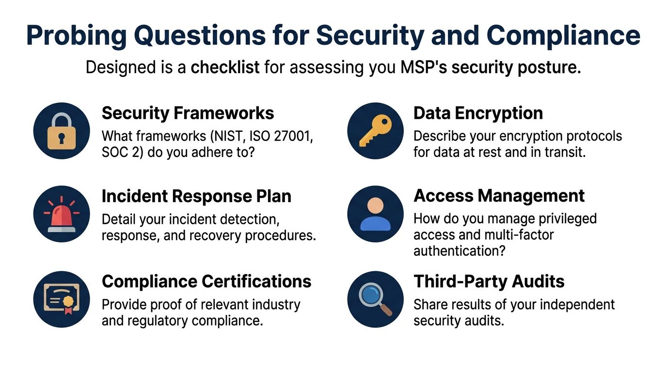 A checklist of six critical security and compliance questions for evaluating a managed service provider's security posture.