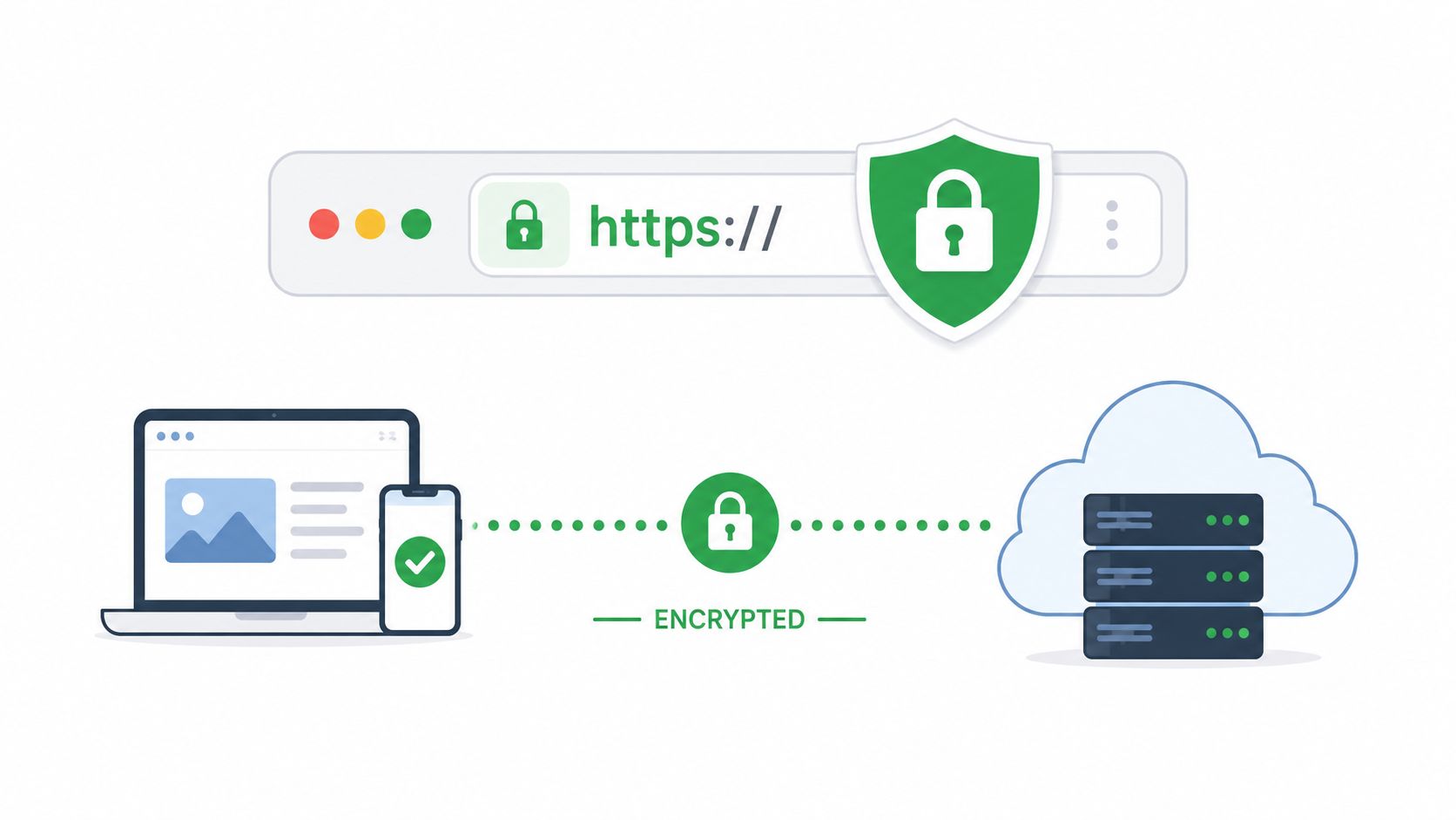 A digital illustration showing secure data transmission between devices and a cloud server using HTTPS encryption.