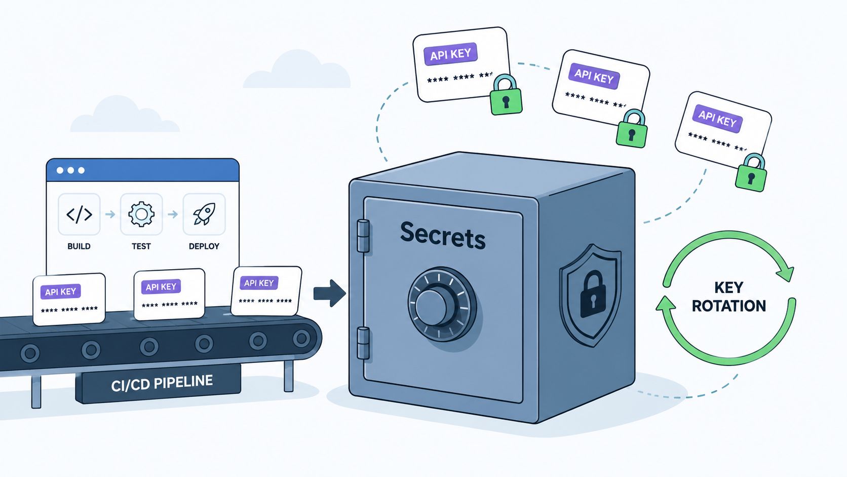 An illustration showing a CI/CD pipeline, a secure vault for storing secrets, and automated key rotation processes.