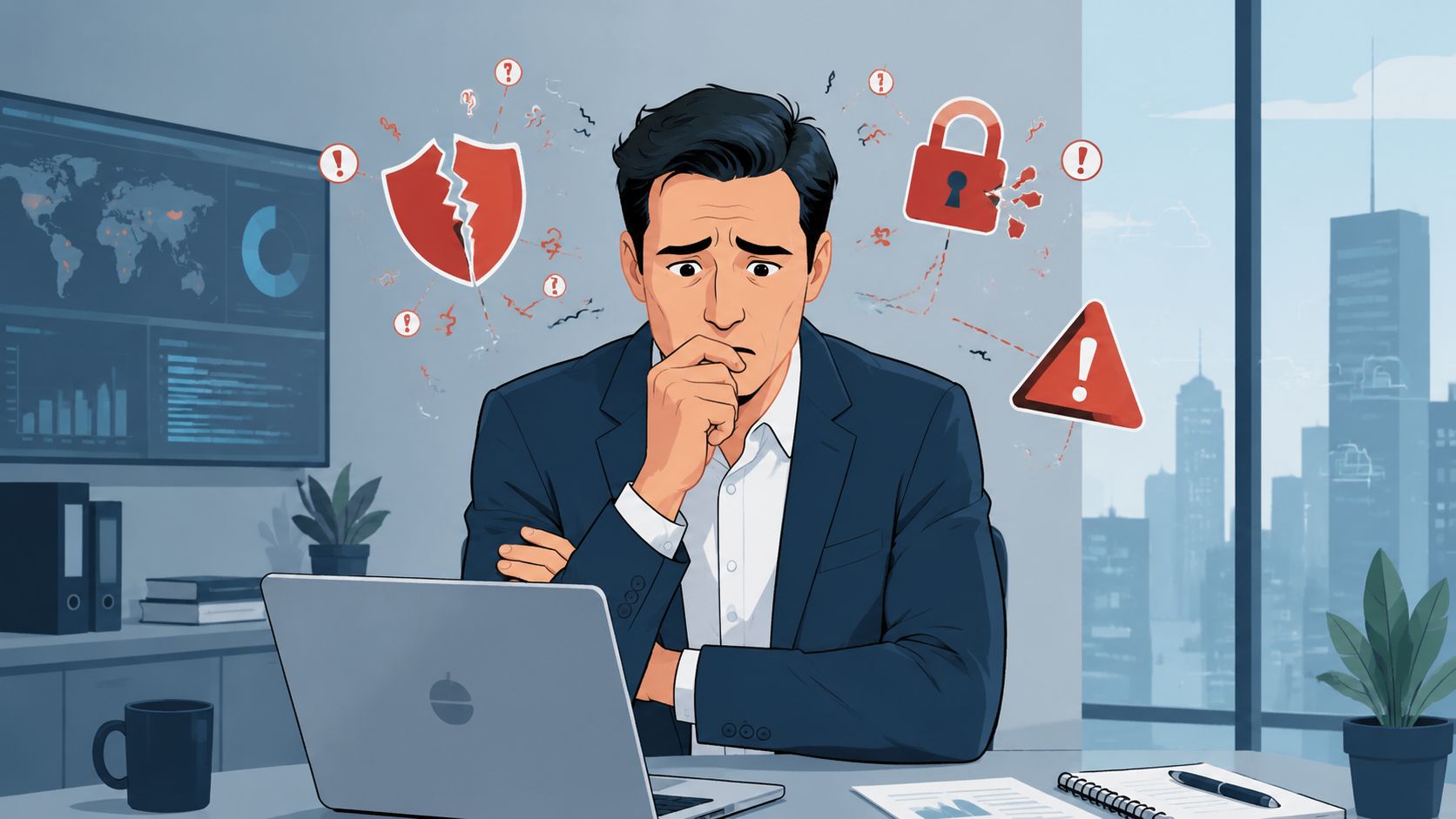 A concerned professional in a business suit reviewing cybersecurity data on a laptop in a modern office.