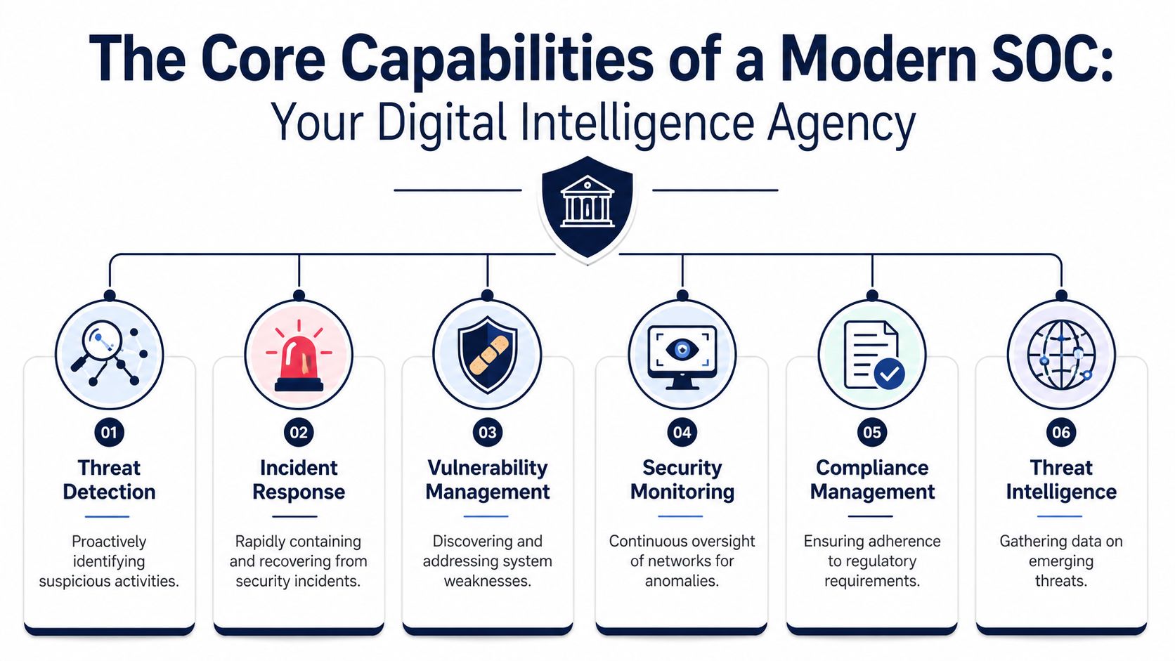 An infographic detailing six core capabilities of a modern Security Operations Center including threat detection and incident response.