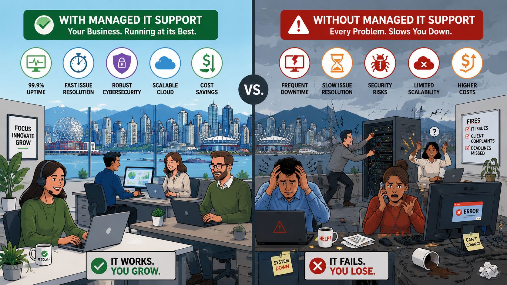 A comparative illustration showing the benefits of managed IT support versus the challenges of unmanaged business systems.