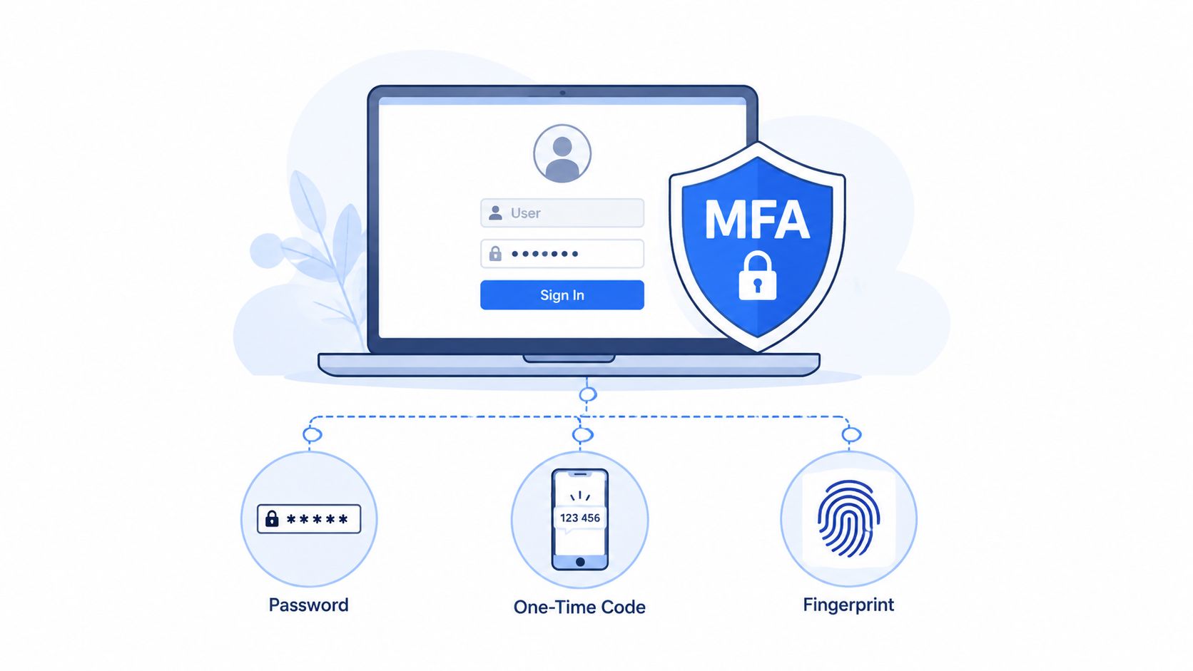 A laptop screen displaying a login page protected by multi-factor authentication with password, one-time code, and fingerprint options.