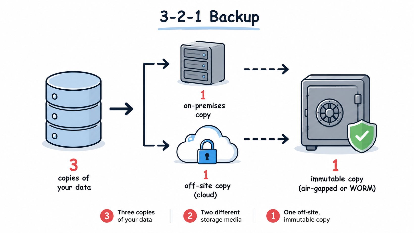 A diagram illustrating the 3-2-1 backup strategy for data protection and cyber security for businesses.