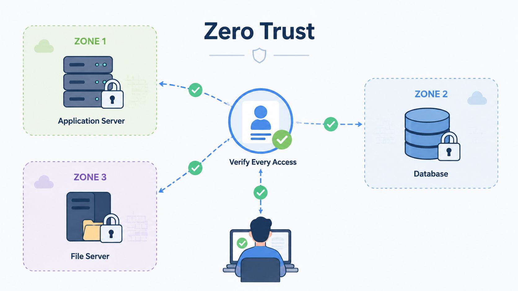 A diagram illustrating Zero Trust network security, showing a user verifying access to servers and databases.