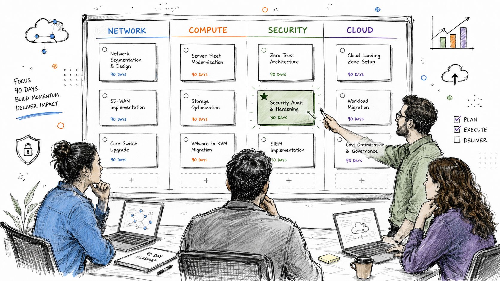 A team brainstorming and planning an IT infrastructure optimization project on a whiteboard in a professional office.