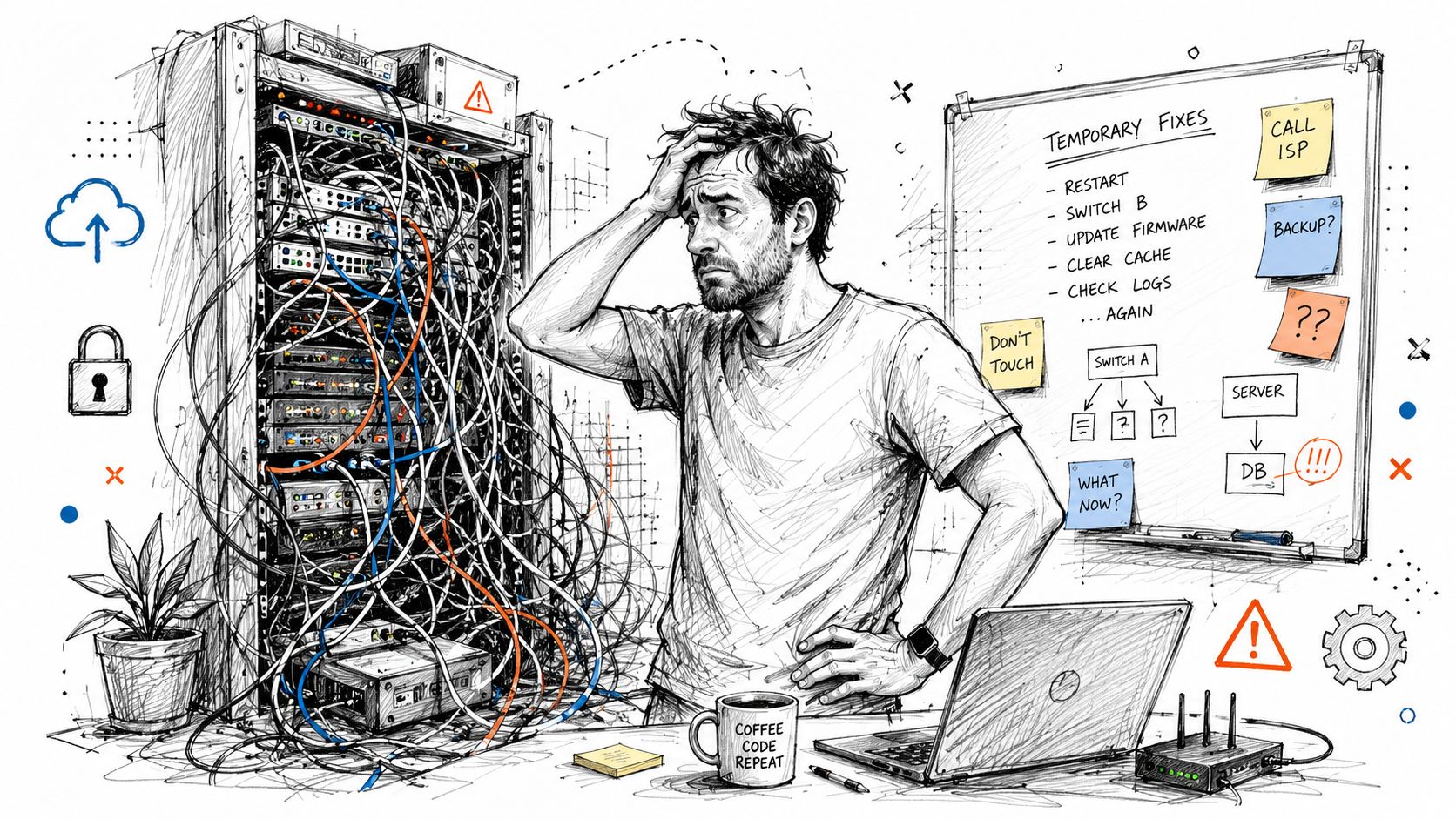 A stressed IT professional looks at a tangled mess of network server cables with frustration.