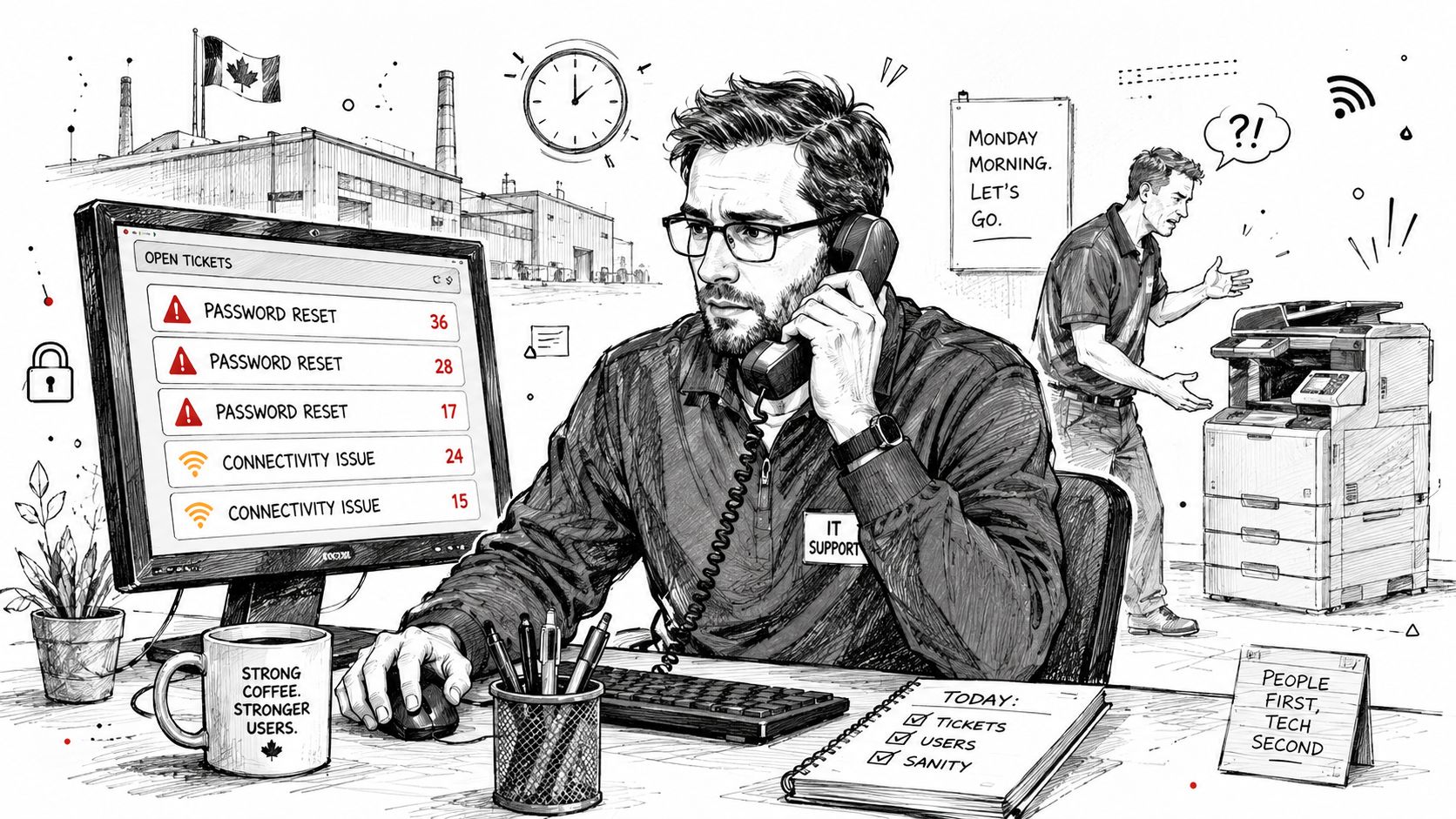 An IT support worker handles a stressful morning of password resets and connectivity issues in an office.