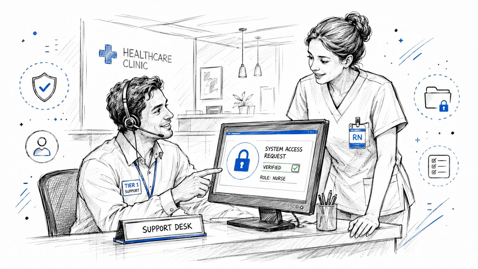 A support desk employee assisting a registered nurse with a secure system access request in a clinic.