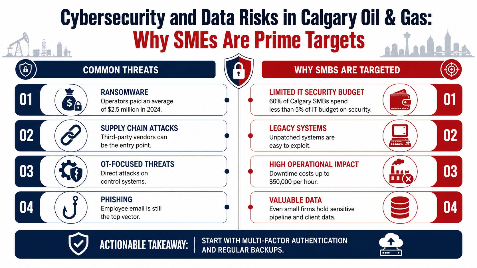 An infographic detailing cybersecurity threats and risks for small and medium businesses in the Calgary oil and gas sector.