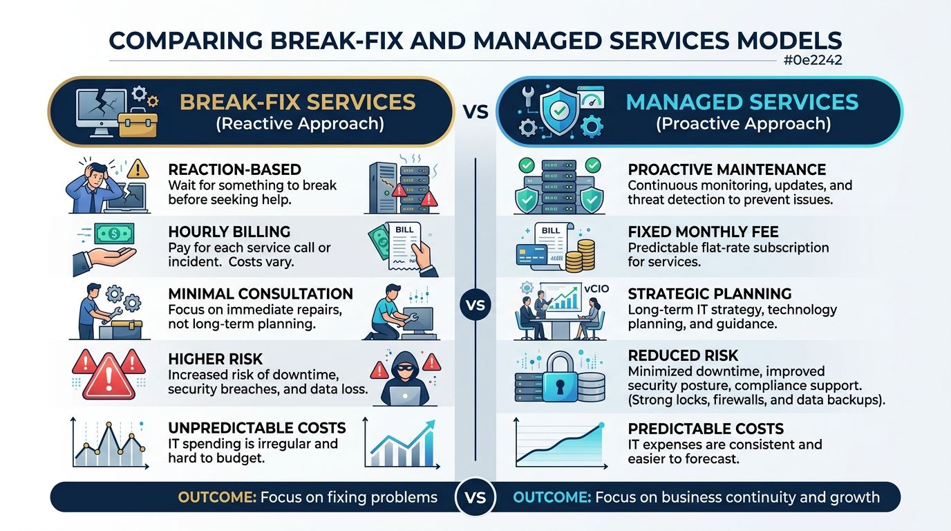 A comparison infographic between reactive break-fix IT services and proactive managed services for business technology management.