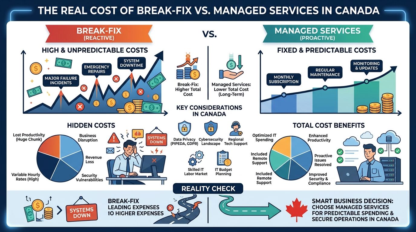 A comparative infographic illustrating the financial and operational differences between reactive break-fix IT and proactive managed services.