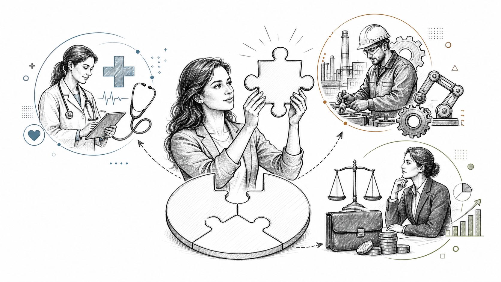 A conceptual illustration of a woman connecting puzzle pieces representing healthcare, manufacturing, and legal business services.