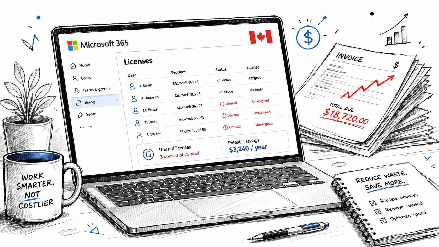 A laptop screen displaying a Microsoft 365 dashboard with unused license management and potential cost savings analysis.