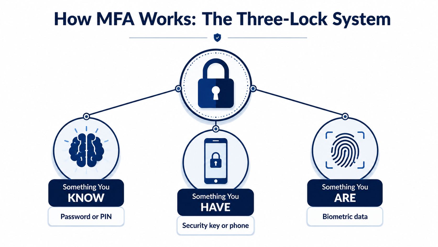 An infographic showing the three-lock system of multi-factor authentication, including knowledge, possession, and biometric identification factors.