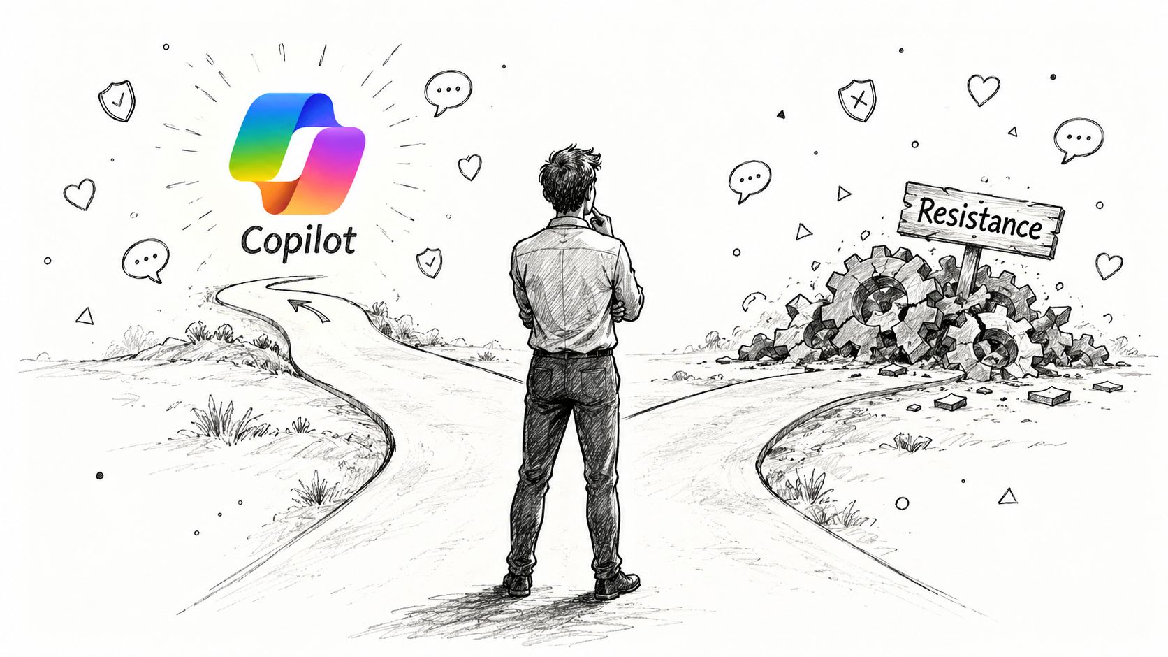 A person standing at a crossroads choosing between Microsoft Copilot and a path filled with resistance.