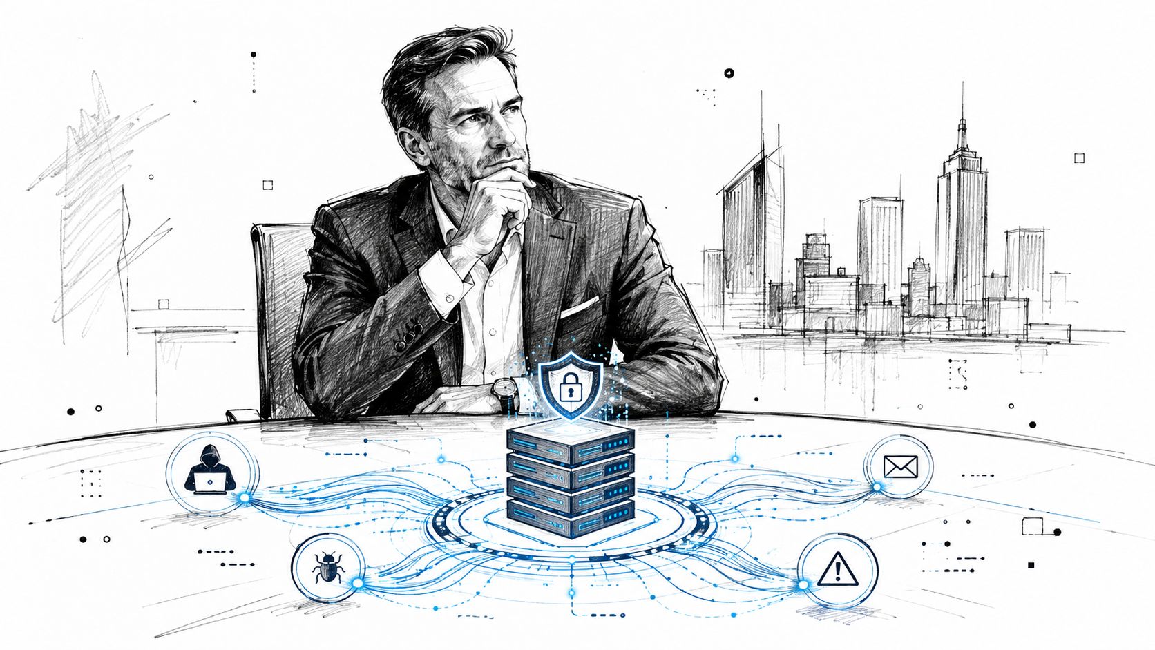 A professional business man reflecting on cybersecurity infrastructure, server protection, and digital threat management in a sketch style.