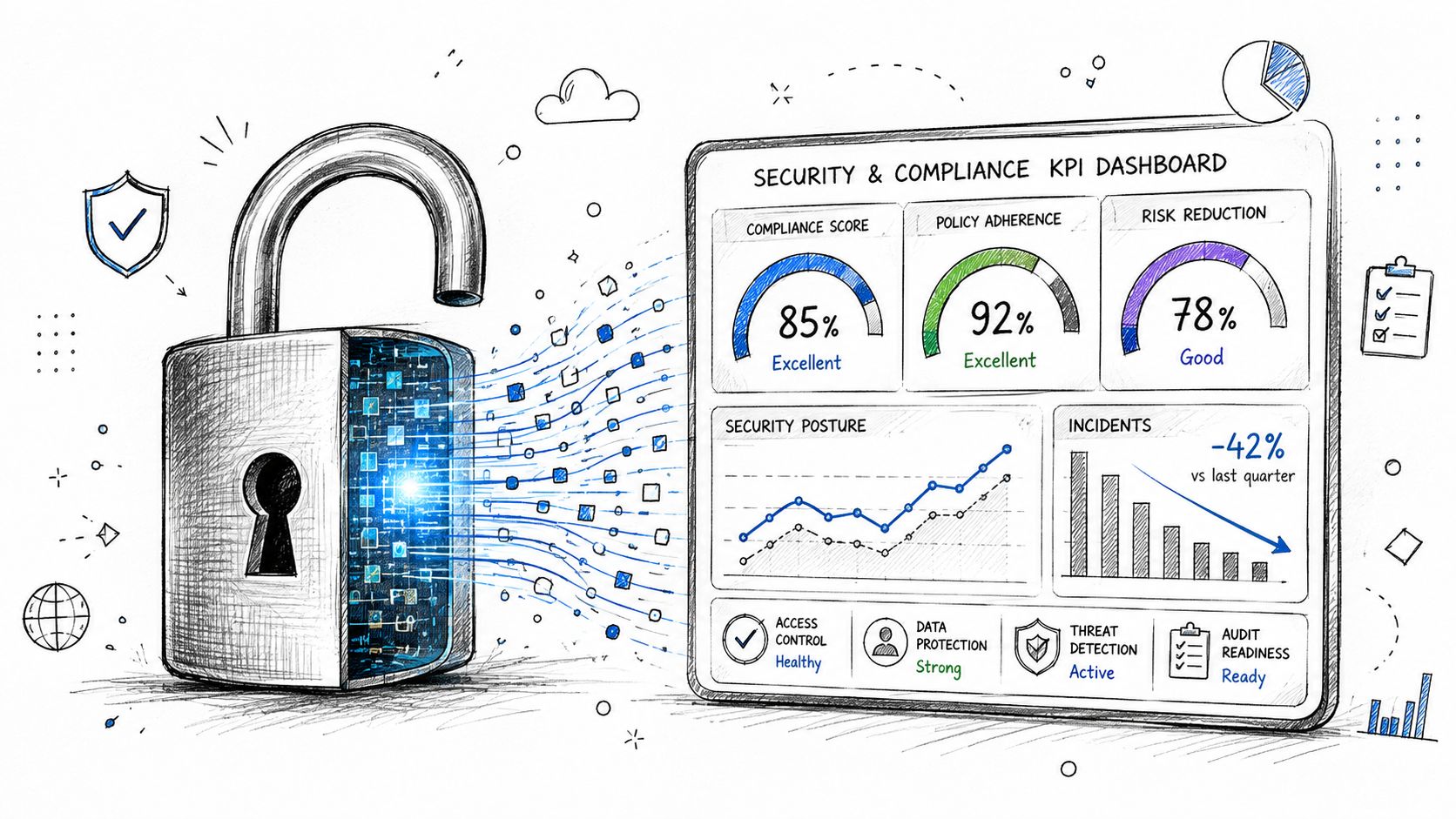 A digital security and compliance dashboard visualization showing data flow from a digital padlock to metrics.