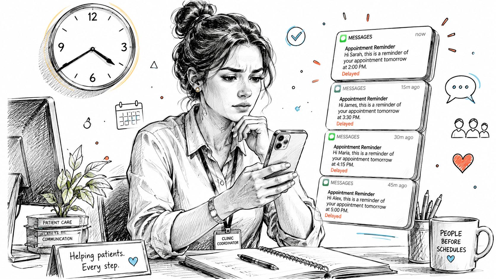 A concerned clinic coordinator looking at her smartphone while multiple appointment reminder messages show delayed status notifications.