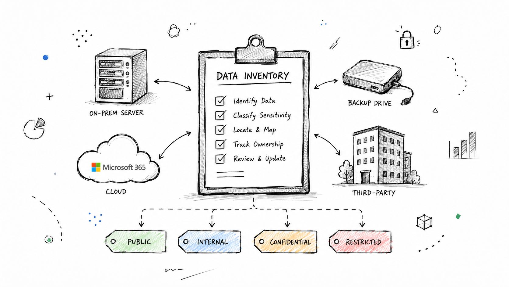 A hand-drawn illustration showing a data inventory checklist connected to various storage sources and sensitivity levels.