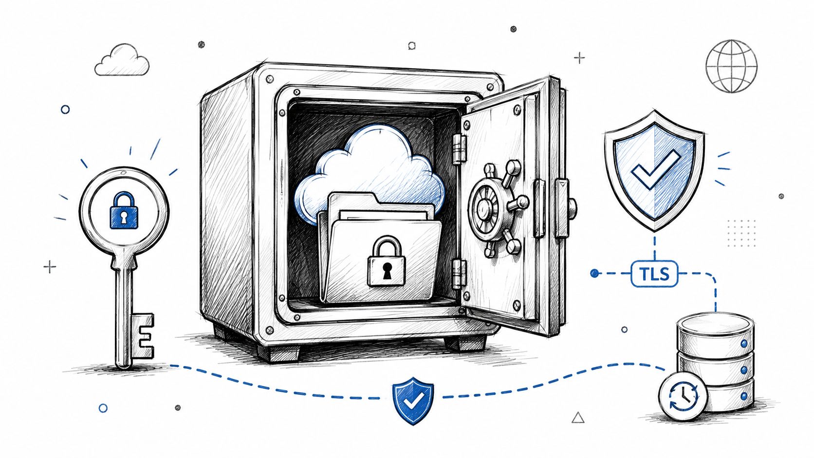 A digital security illustration showing a cloud storage safe protected by encryption keys and TLS protocol.