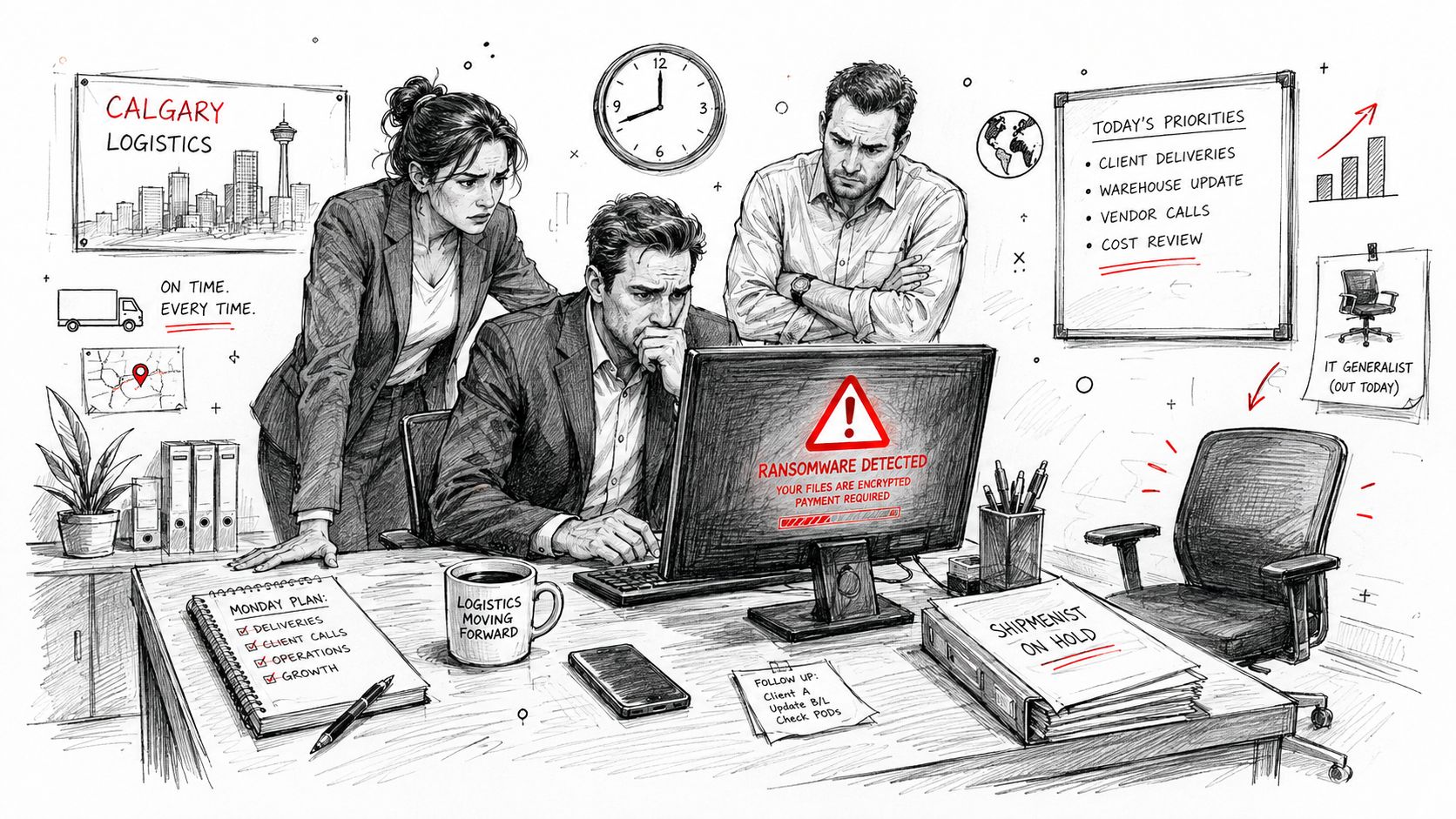 Concerned logistics team faces a ransomware computer security breach in their busy Calgary corporate office environment.