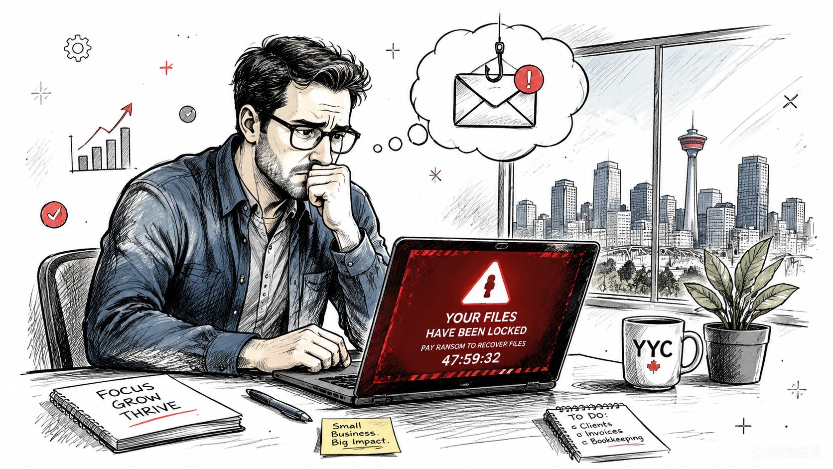 A concerned professional in a Calgary office looking at a laptop screen displaying a ransomware attack warning.