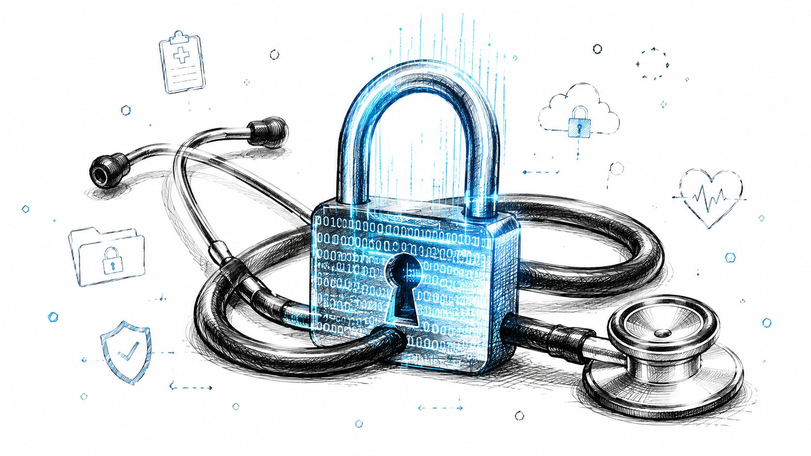 A digital illustration featuring a stethoscope wrapped around a glowing padlock covered in binary data code.