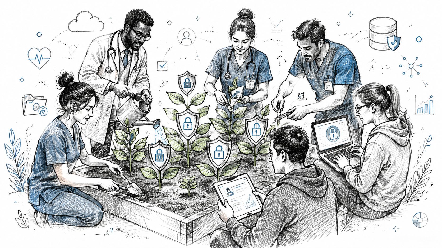A team of medical professionals working together to nurture and secure healthcare data in a garden setting.