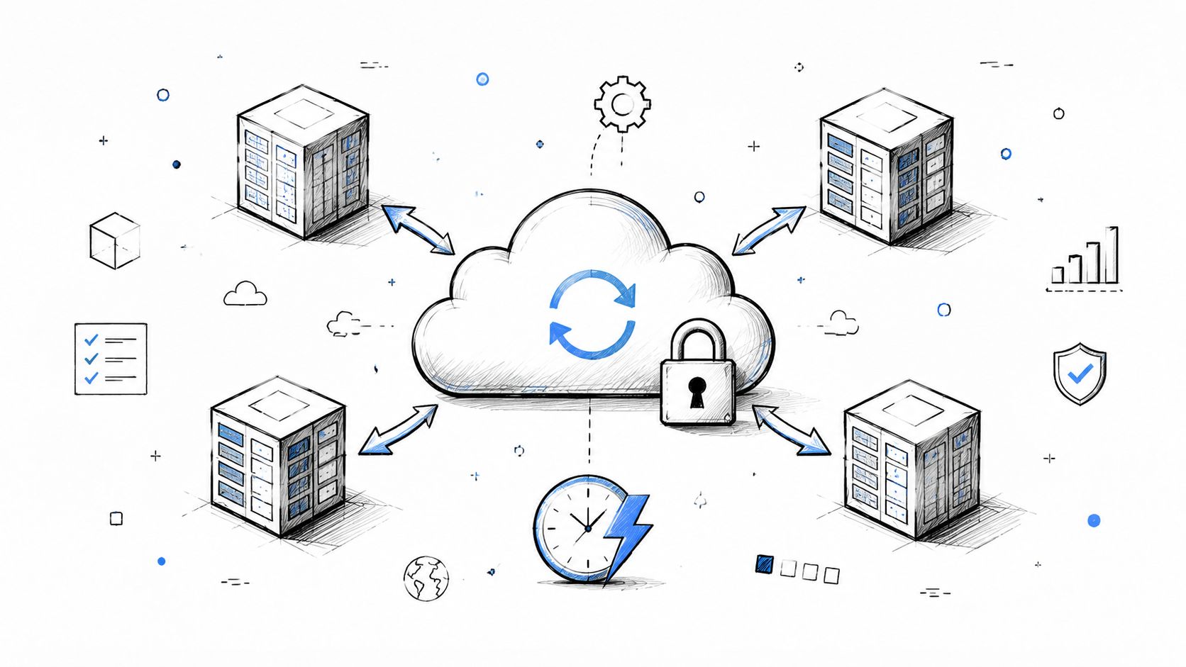 A hand-drawn illustration showing a central cloud storage icon connecting and syncing to four server rack units.