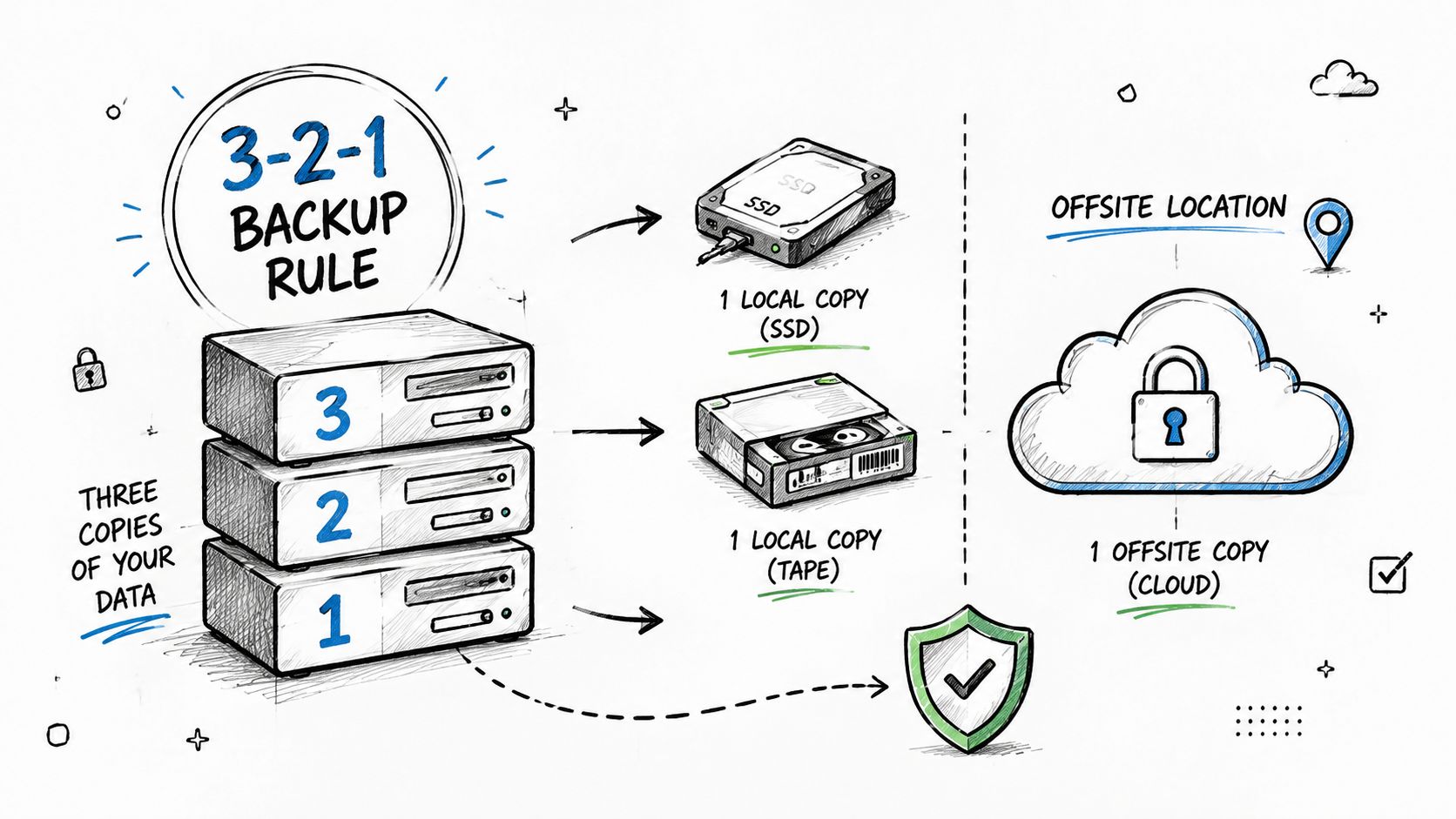 A hand-drawn illustration explaining the 3-2-1 backup rule strategy for data protection and recovery.
