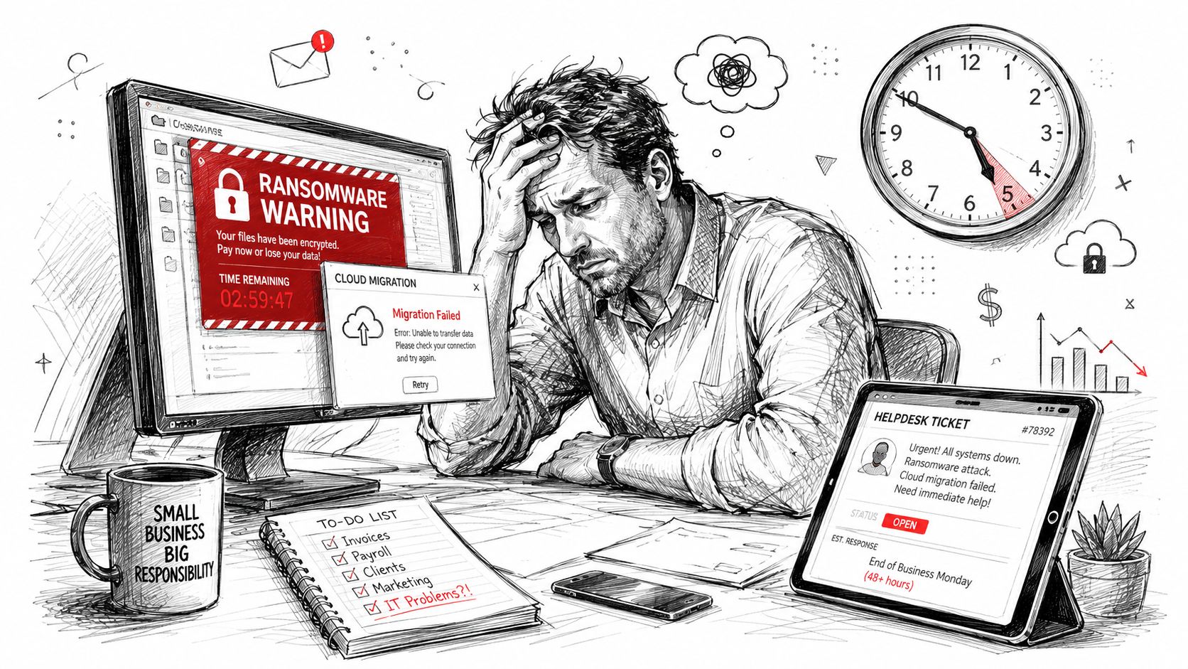 A stressed businessman sits at his desk overwhelmed by a ransomware attack and failed cloud migration.