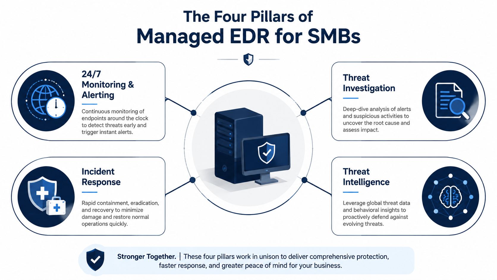 An infographic detailing the four pillars of managed EDR for SMBs: monitoring, incident response, investigation, and intelligence.