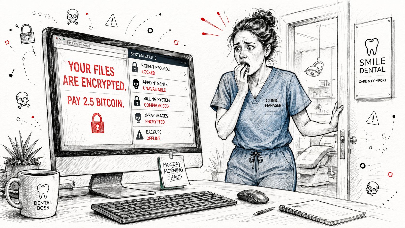 A distressed clinic manager looking at a computer screen showing a ransomware attack demand for bitcoin.