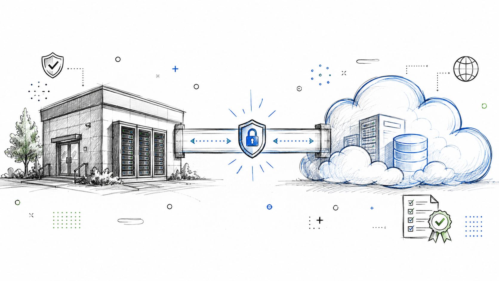 A conceptual illustration of secure data migration from an on-premise server room to a cloud environment.