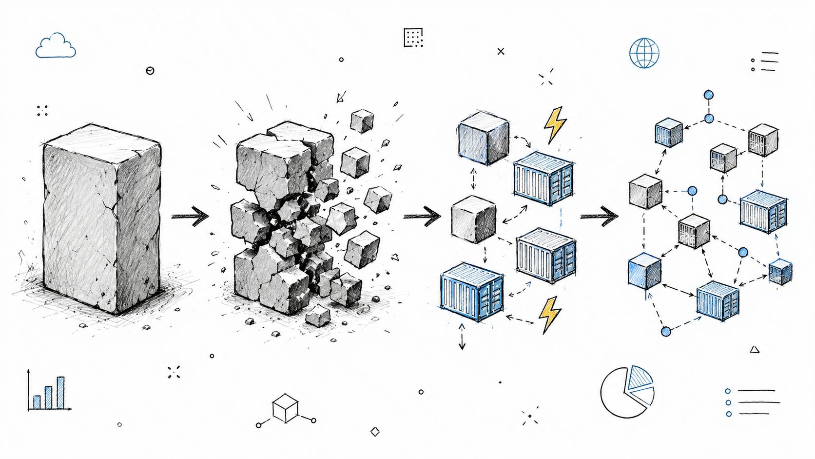 An illustration showing the transformation of a monolithic block into interconnected containerized microservices and distributed network systems.