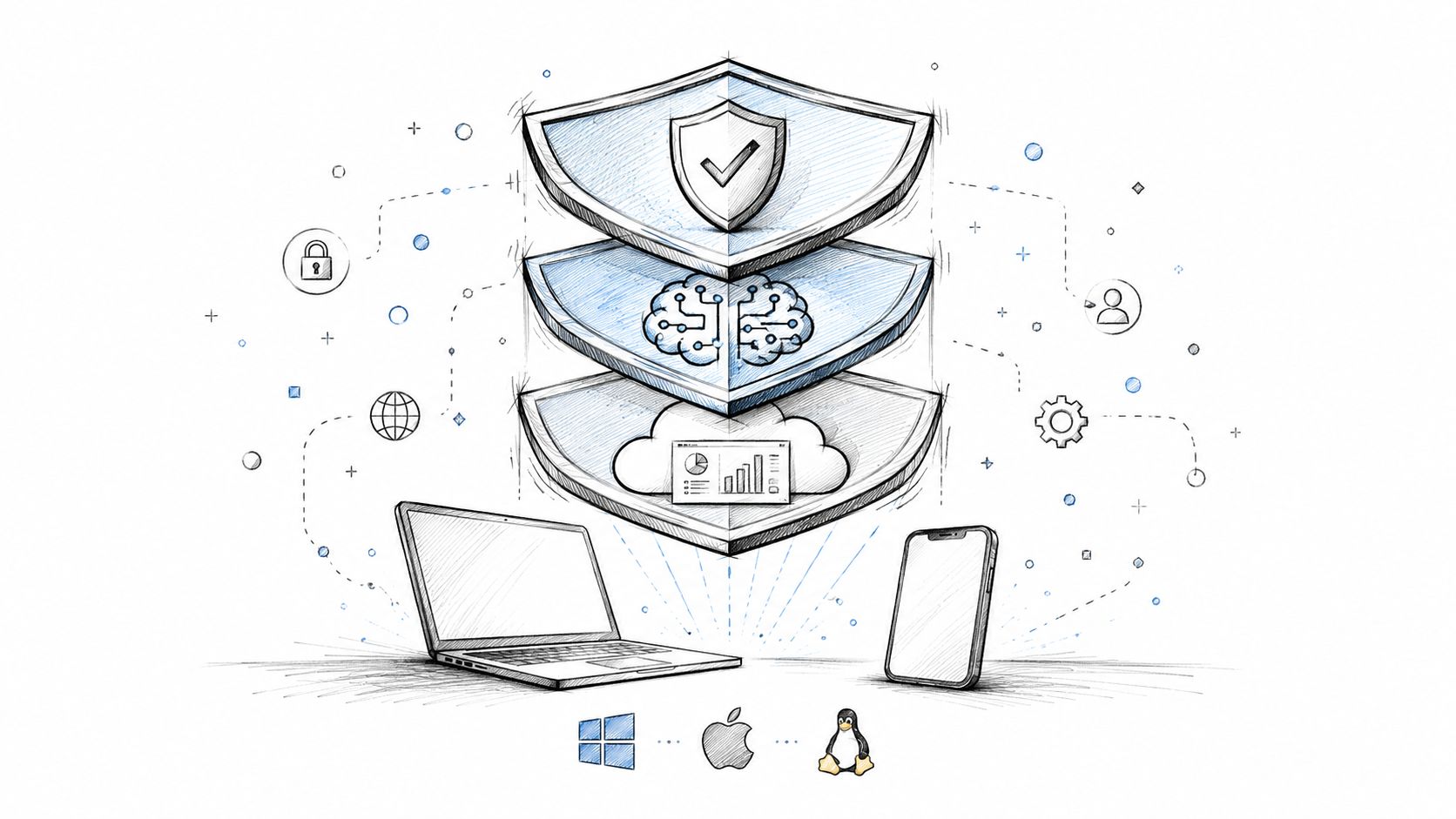 A hand-drawn illustration showing multi-layered cybersecurity protecting laptop and mobile devices with icons for various operating systems.