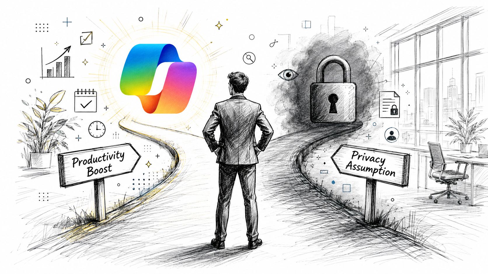 A businessman standing at a crossroads choosing between productivity gains and corporate privacy security measures.