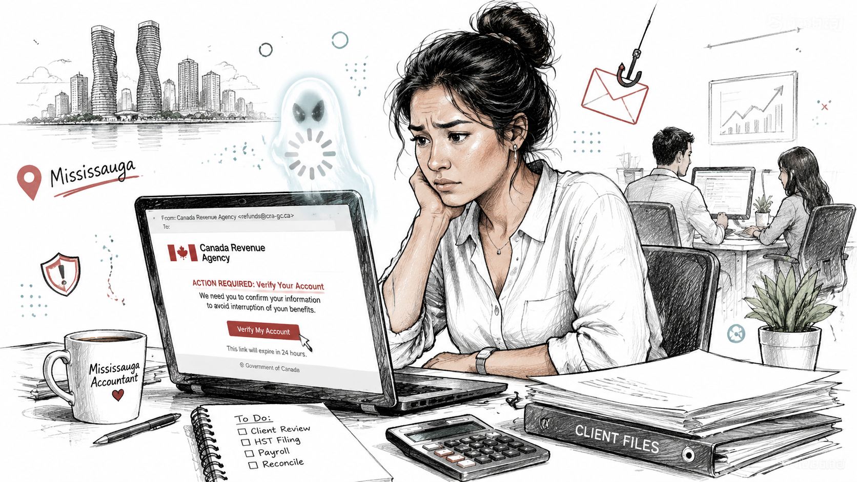 An office worker looking concerned at a laptop displaying a fraudulent Canada Revenue Agency phishing email scam.