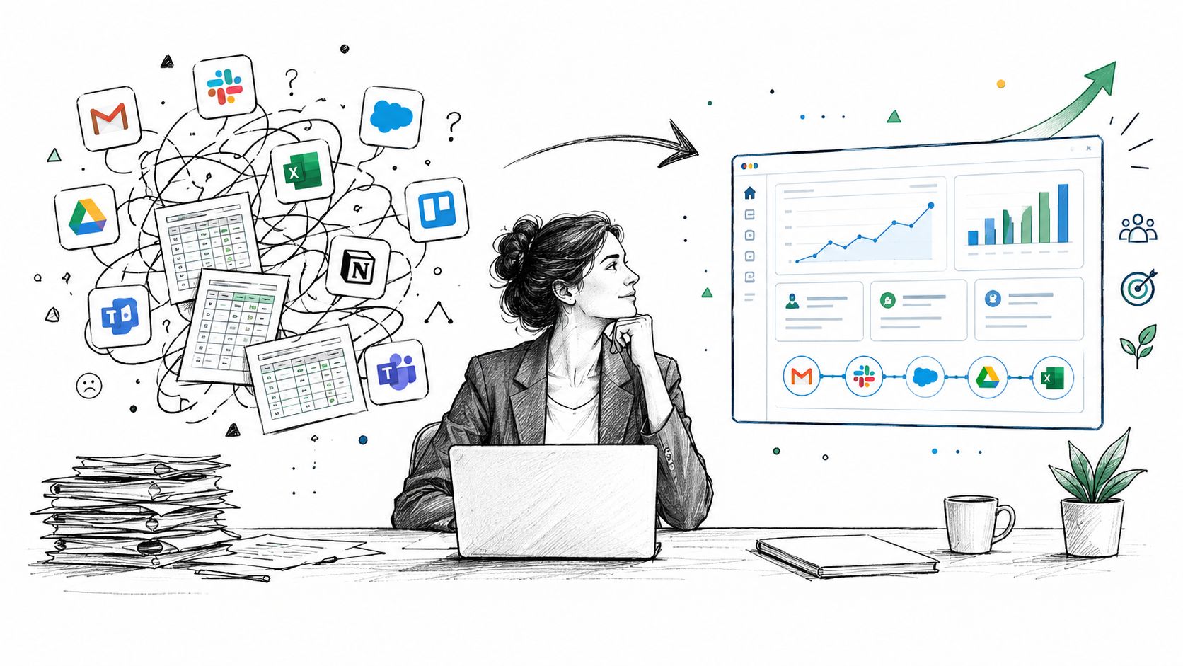 A professional woman at a desk organizing chaotic software tools into a streamlined, efficient digital workflow dashboard.