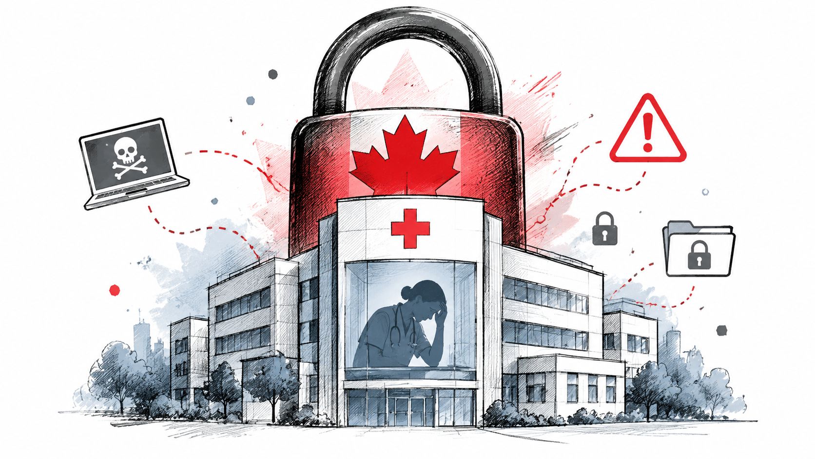 A digital illustration showing a hospital building under a Canadian flag padlock, representing healthcare cybersecurity concerns.