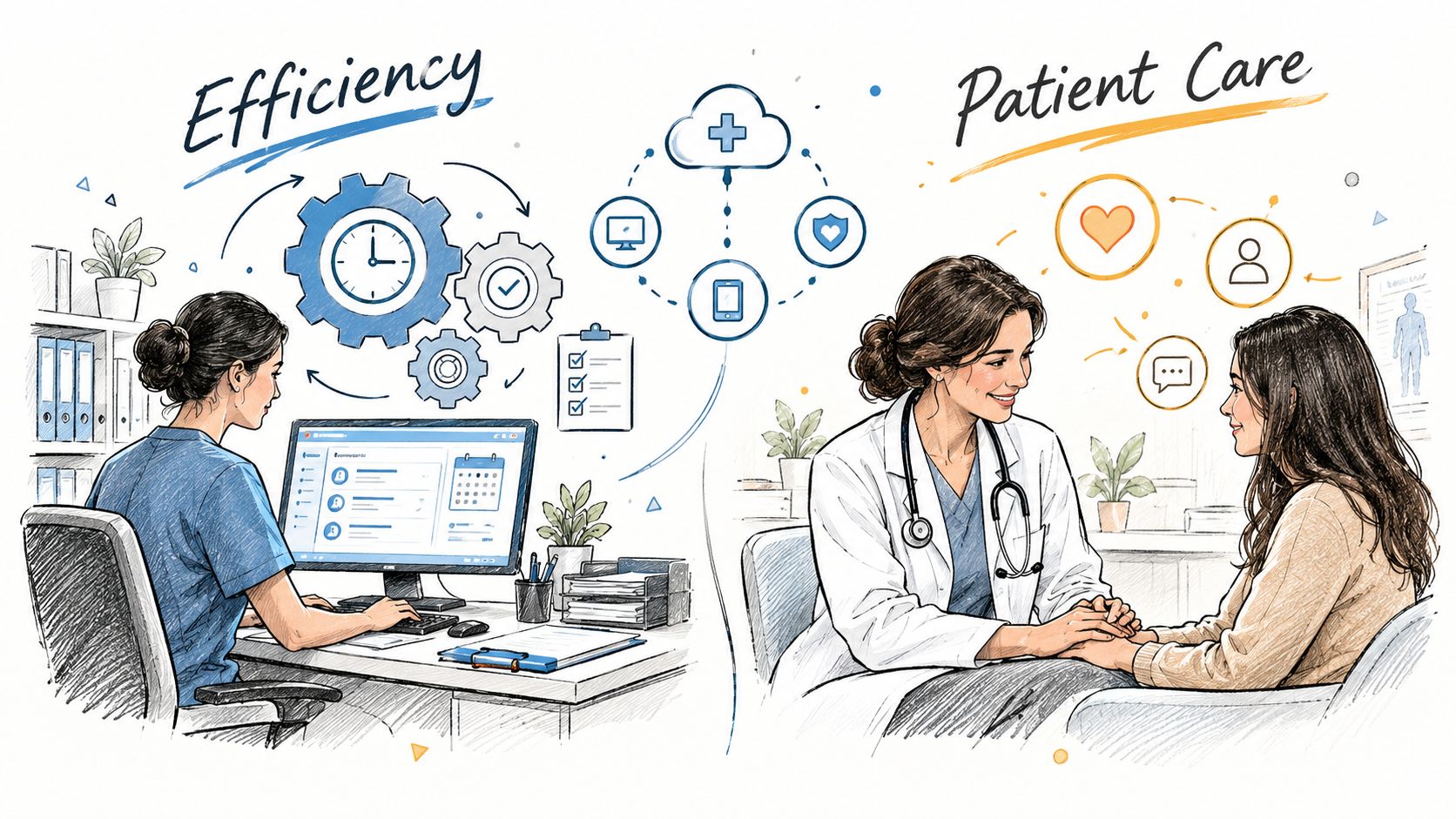 A split illustration showing a healthcare administrator working on a computer and a doctor comforting a patient.