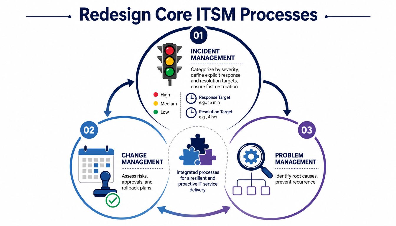A diagram illustrating the redesign of core ITSM processes, including incident, change, and problem management.