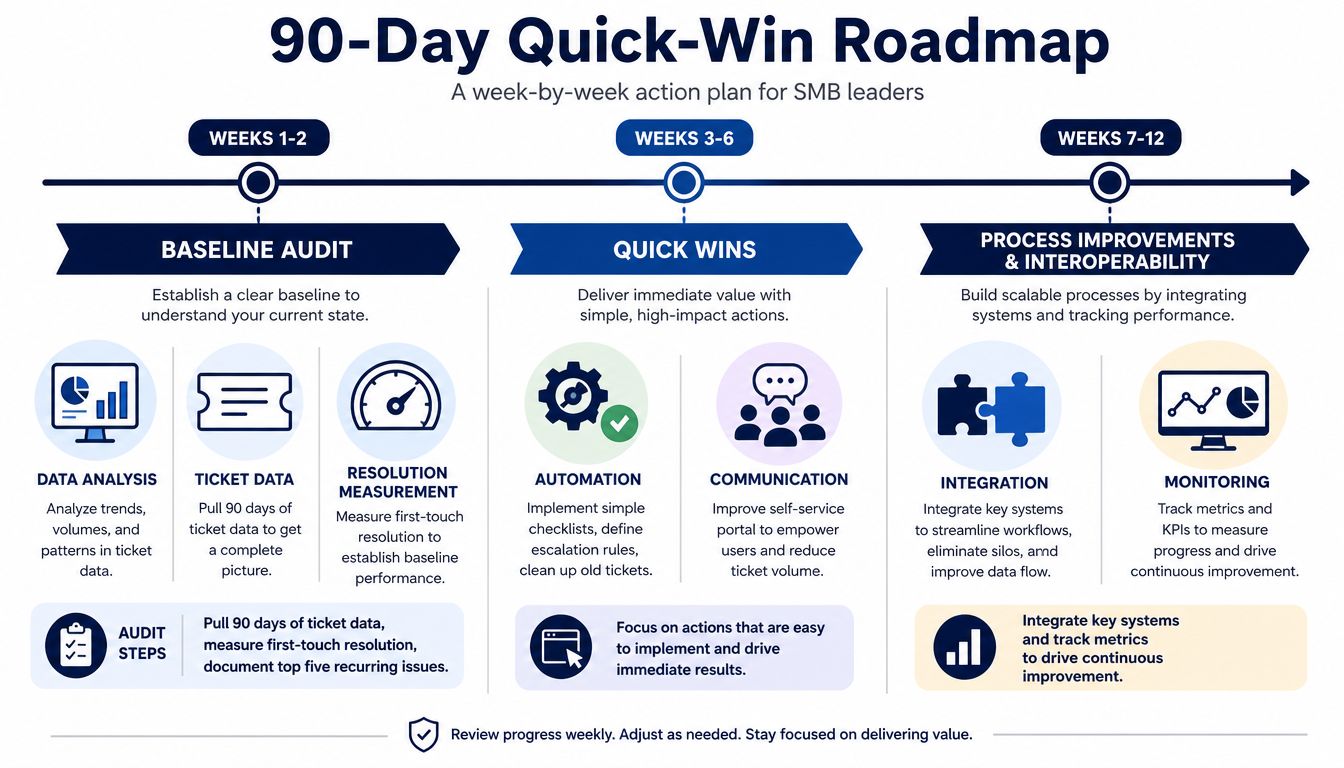 A 90-day quick-win roadmap infographic for SMB leaders detailing steps for IT service delivery process improvement.