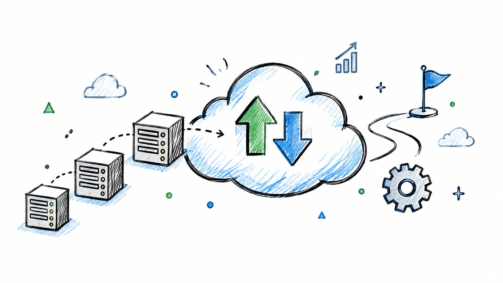A conceptual hand-drawn illustration showing servers connecting to a cloud icon with upload and download arrows.