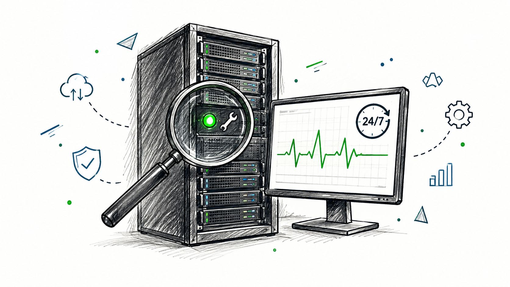 A magnifying glass inspecting a server rack next to a monitor displaying a 24/7 system health graph.