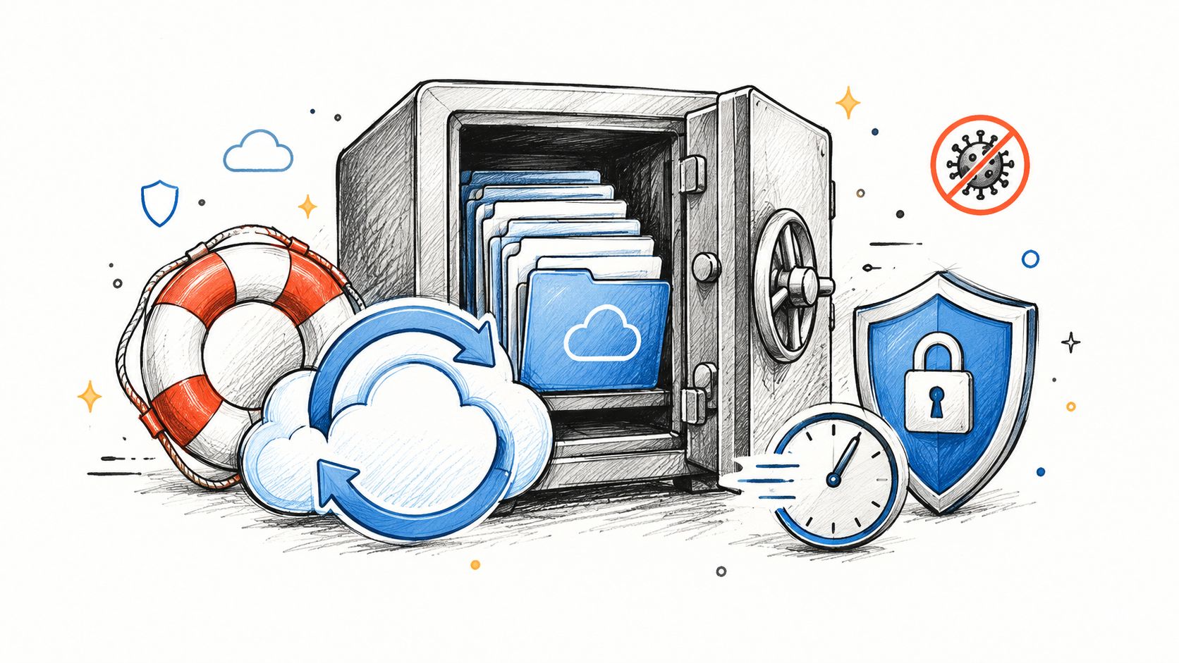 A hand-drawn illustration depicting cloud data backup, security, and restoration services for business protection.