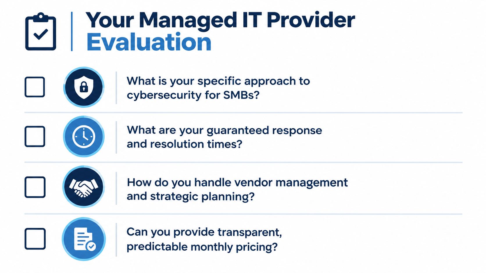 A checklist titled Your Managed IT Provider Evaluation detailing four critical questions to ask IT firms.